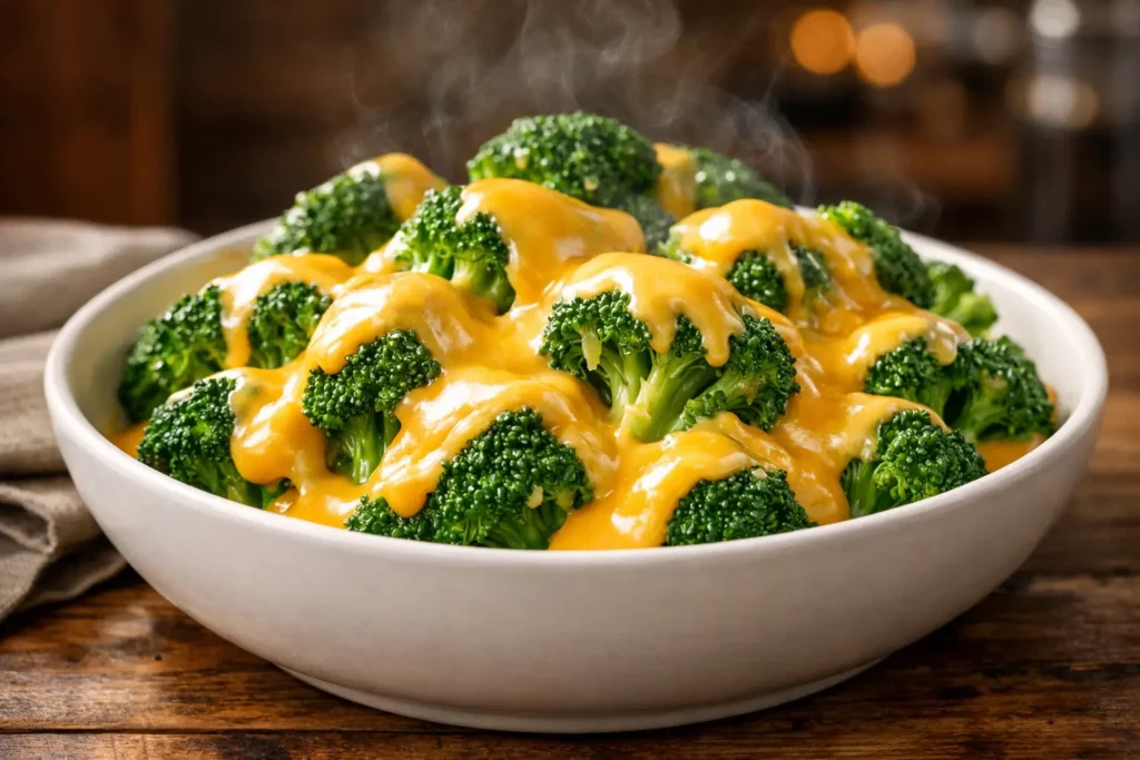 Applebee's homestyle cheezy broccoli copycat recipe with steamed broccoli and creamy cheddar cheese sauce