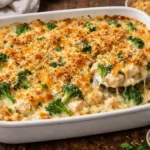 Barefoot Contessa chicken divan casserole with creamy cheese sauce, tender chicken and broccoli baked with golden breadcrumb topping