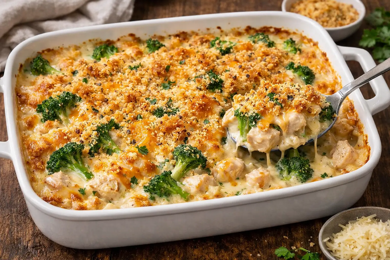 Barefoot Contessa chicken divan casserole with creamy cheese sauce, tender chicken and broccoli baked with golden breadcrumb topping