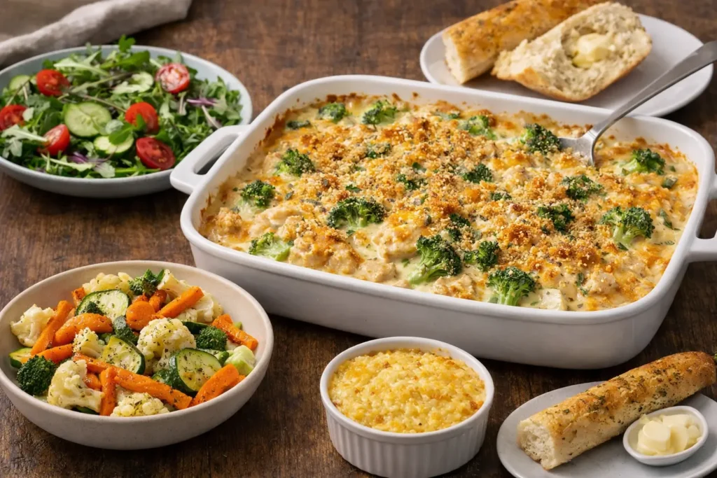 Barefoot Contessa chicken divan casserole served with fresh salad, roasted vegetables, corn pudding and garlic bread on rustic table