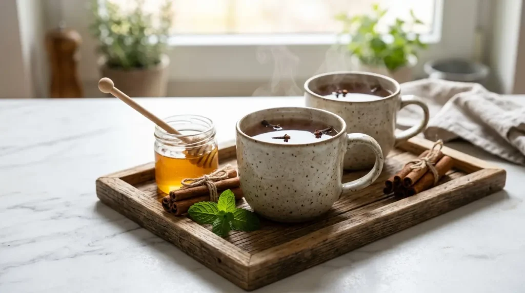 best clove tea recipe for weight loss served in two ceramic mugs with honey cinnamon and mint on white marble