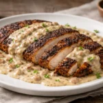 blackened chicken with creamy shallot sauce served with rice broccoli and roasted potatoes