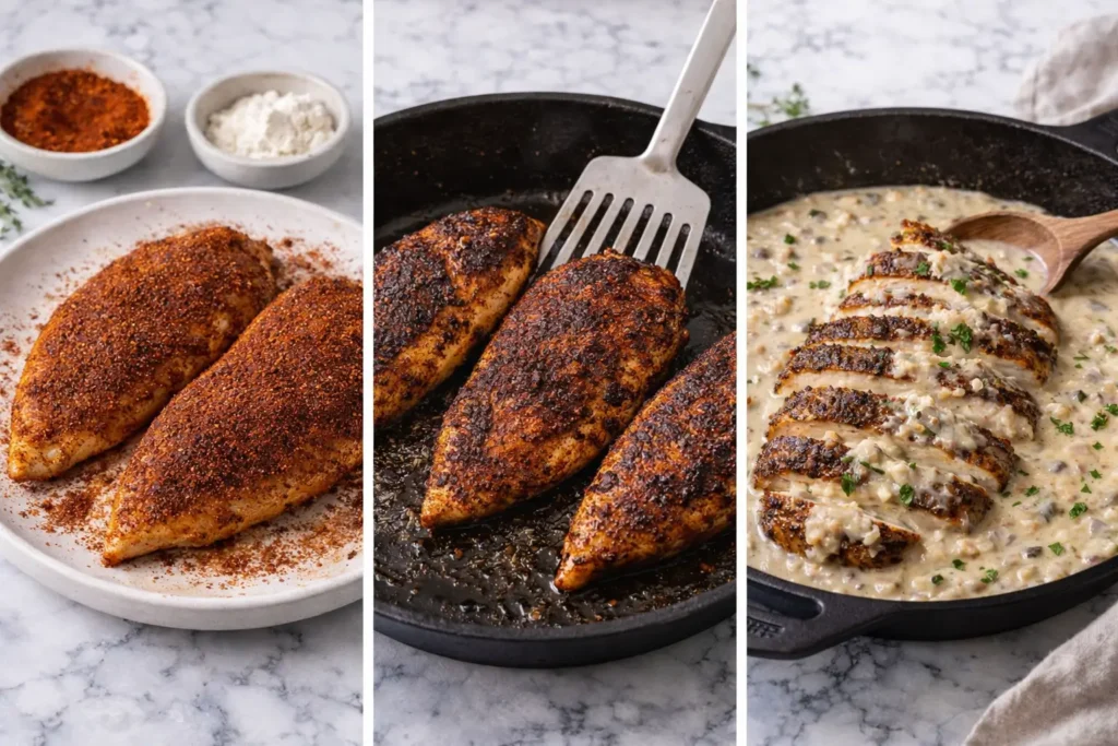 how to make blackened chicken step by step seasoning searing creamy shallot sauce