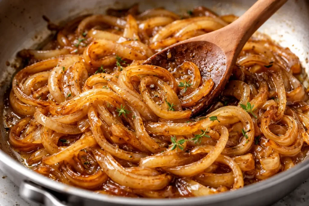 Golden caramelized onions cooking in skillet with wooden spoon