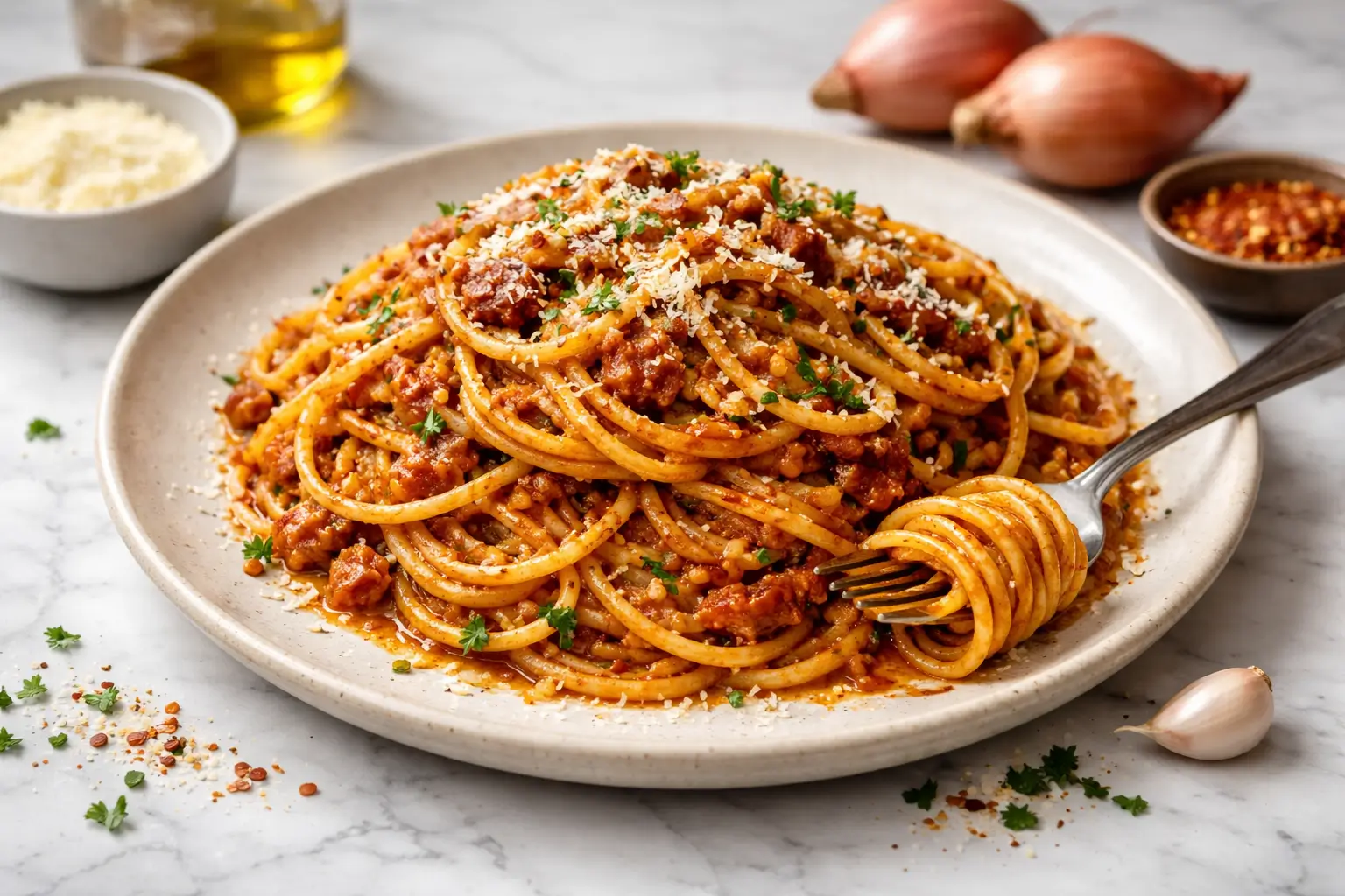 Caramelized shallot pasta with glossy sauce and Parmesan twirled on a fork
