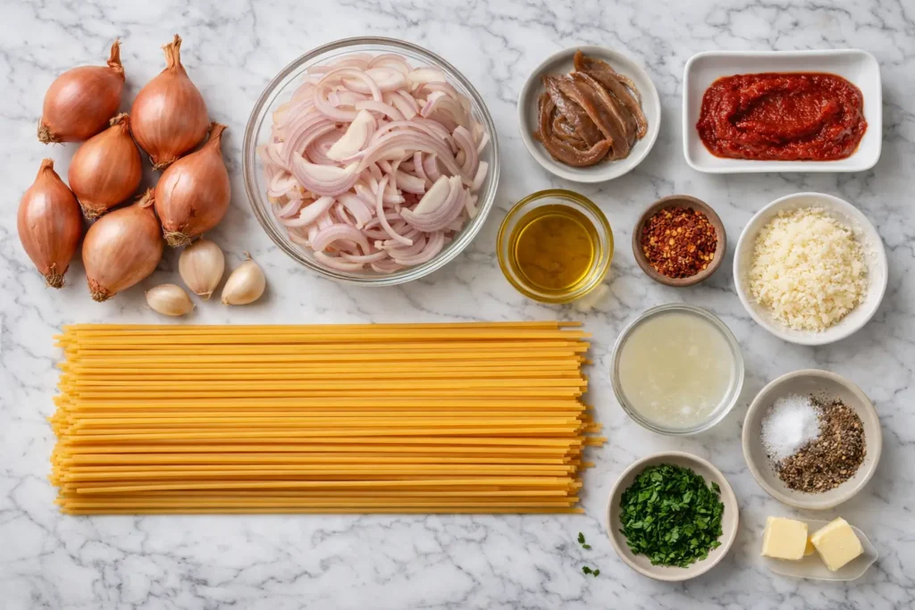 Ingredients for caramelized shallot pasta including shallots garlic pasta tomato paste olive oil and Parmesan