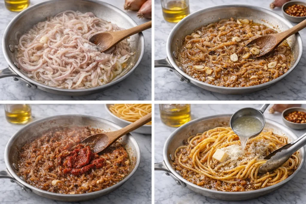 Step by step caramelized shallot pasta with shallots garlic tomato paste and pasta