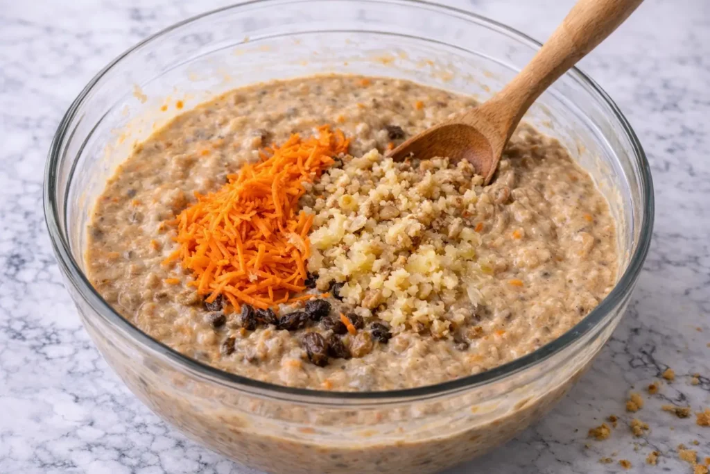 Carrot cake batter in glass bowl with grated carrots and walnuts being mixed