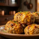 cheesy chicken sausage balls with melted cheddar and dipping sauce on white plate