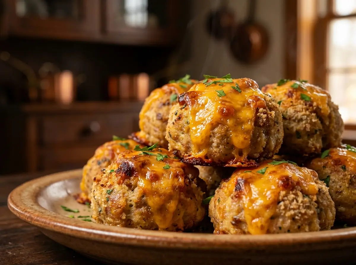 cheesy chicken sausage balls with melted cheddar and dipping sauce on white plate