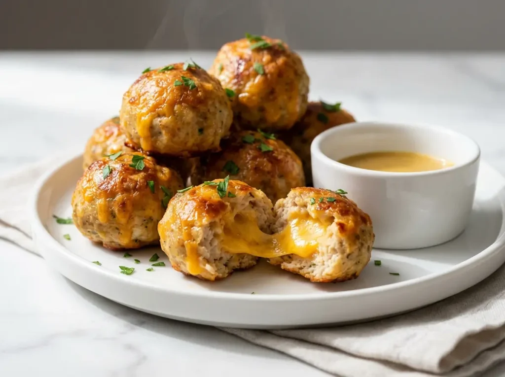cheesy sausage balls stacked on plate with melted cheddar in cozy kitchen setting