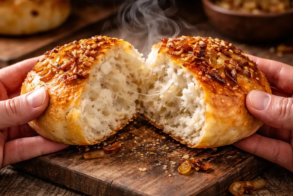 soft chewy onion roll interior fluffy crumb steam