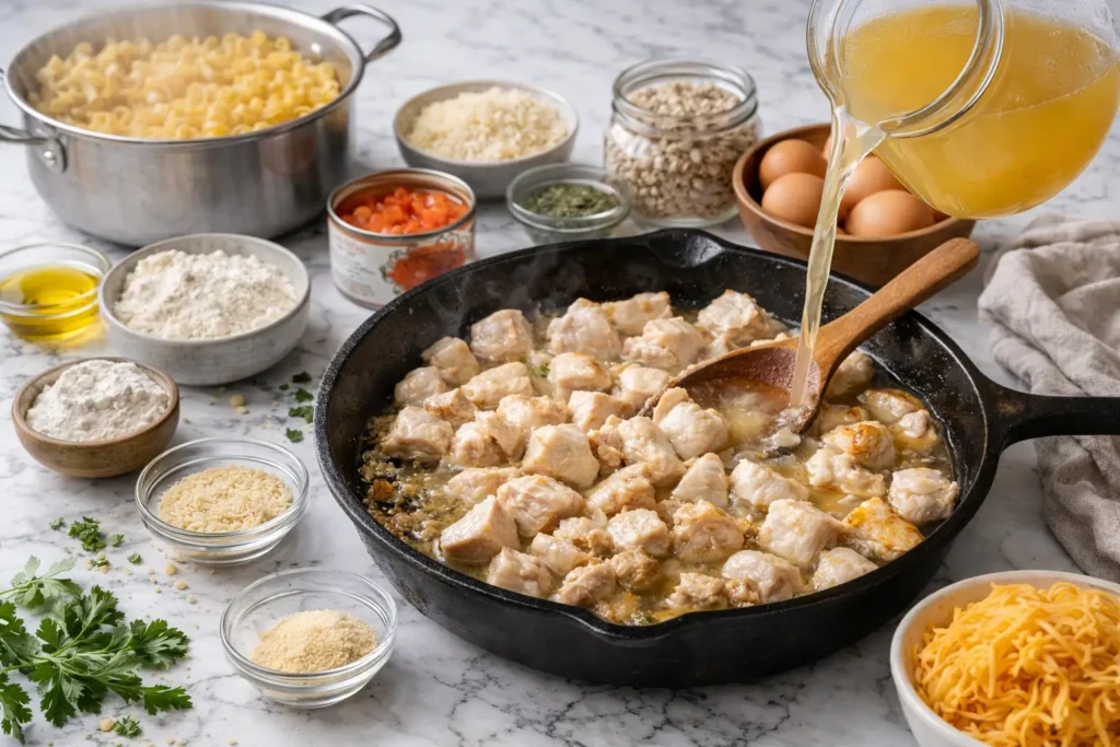 cooking chicken in skillet adding broth creamy sauce