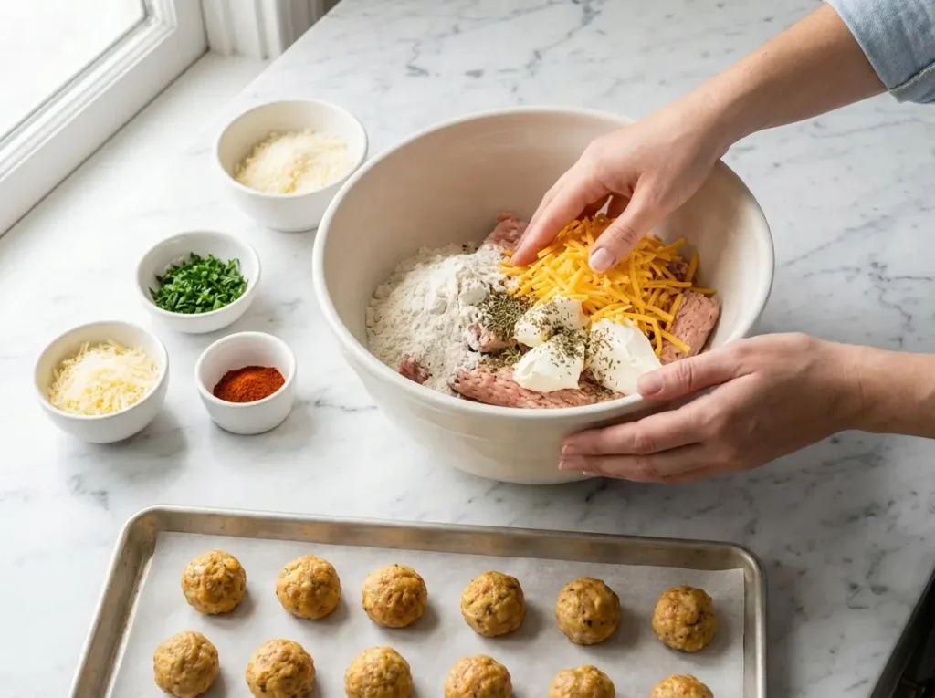 mixing ingredients for chicken sausage balls in bowl on marble surface