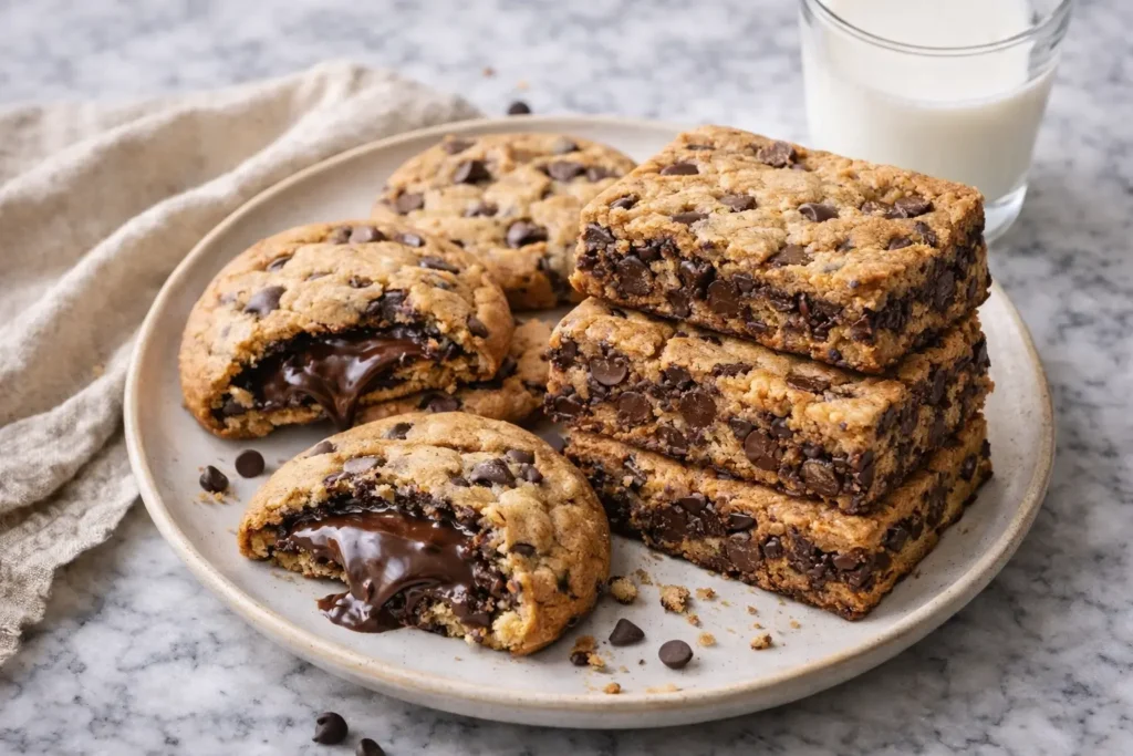Plate of chocolate chip cookies and cookie bars with glass of milk on marble table