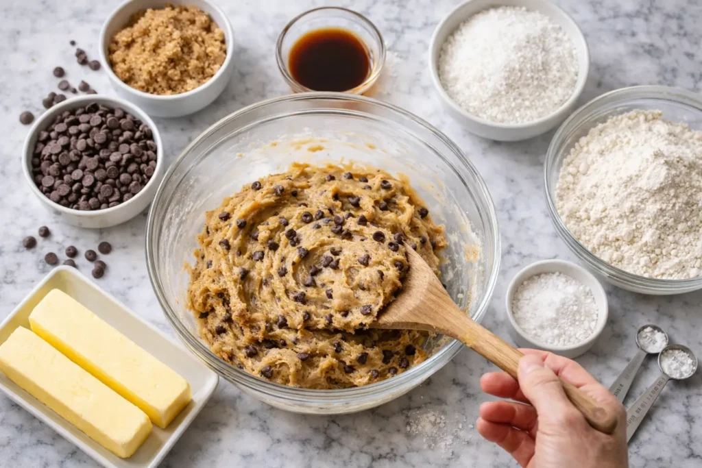 Hand mixing chocolate chip cookie dough in glass bowl with wooden spoon on marble surface