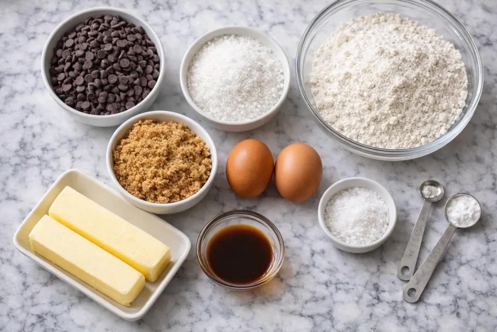 Flat lay of chocolate chip cookie ingredients including flour, butter, sugar, eggs and chocolate chips on white marble surface