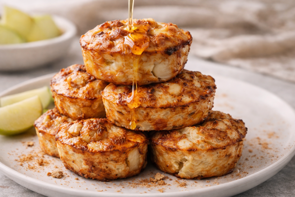 stack of cinnamon apple cottage cheese bites with honey drizzle on white plate