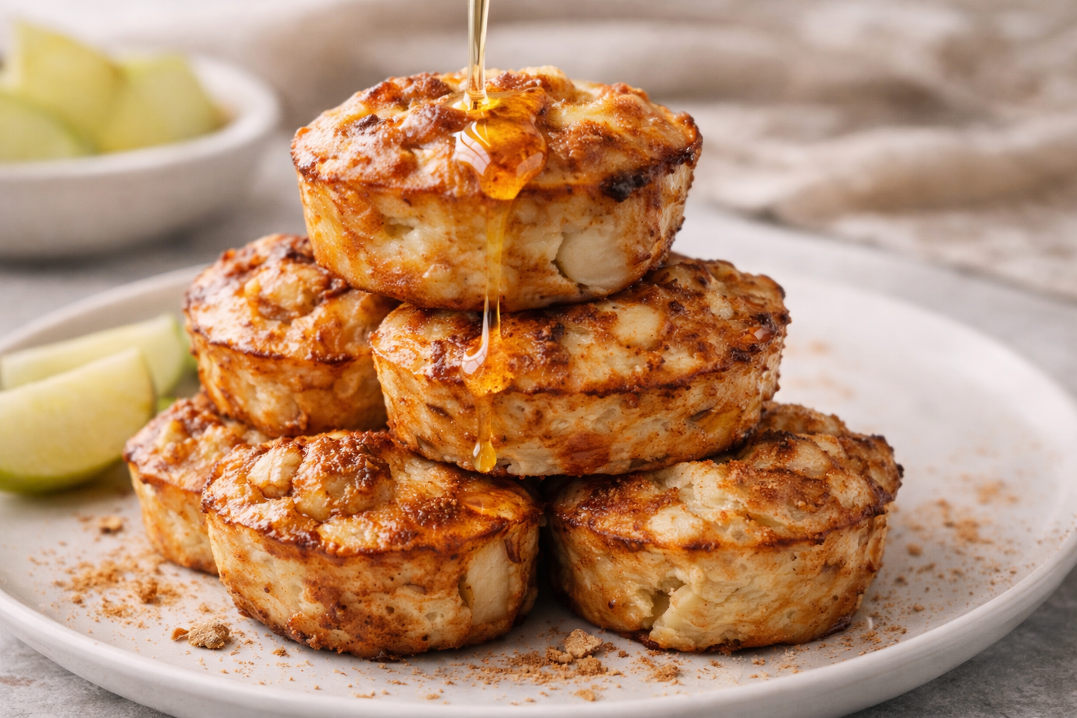 stack of cinnamon apple cottage cheese bites with honey drizzle on white plate
