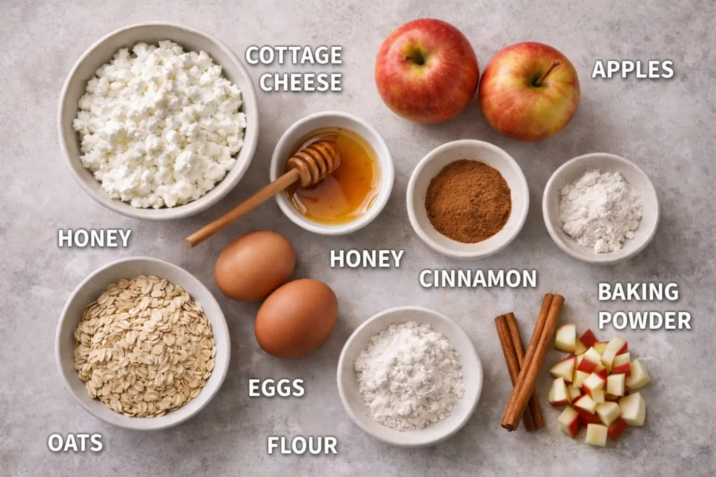ingredients for cinnamon apple cottage cheese bites including cottage cheese apples oats eggs cinnamon and honey