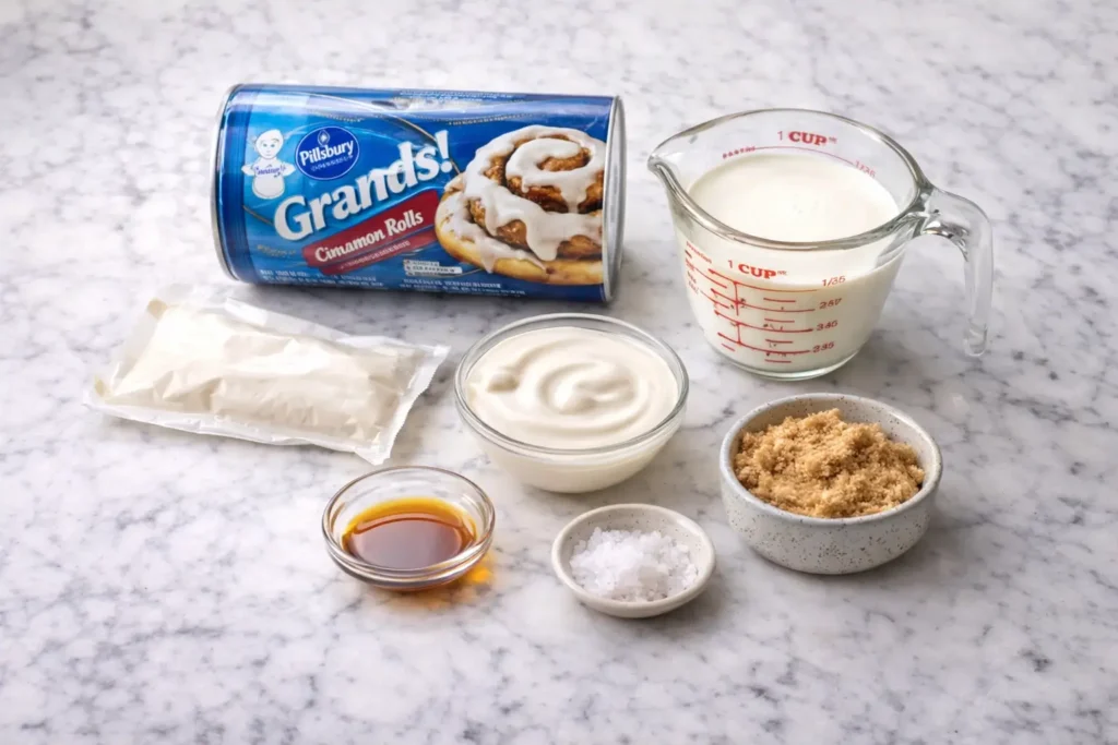 ingredients for cinnamon roll hack including canned rolls and heavy cream