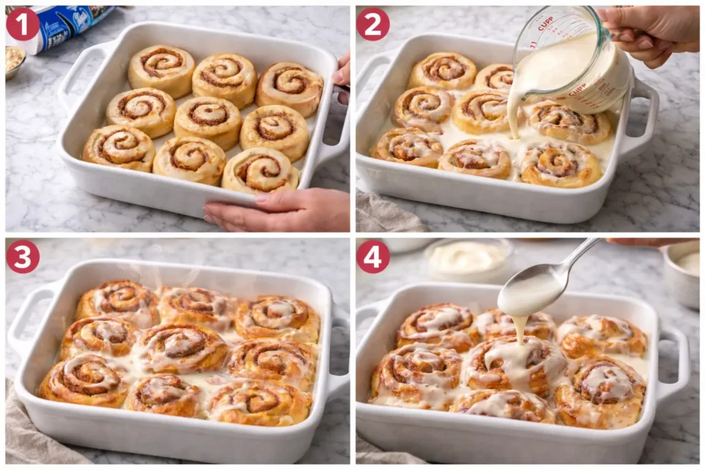 step by step cinnamon roll hack with cream poured before baking