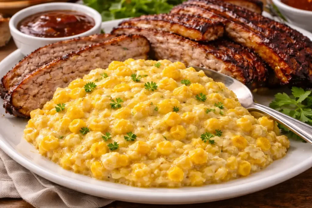 city barbeque corn pudding served on a plate with smoked brisket