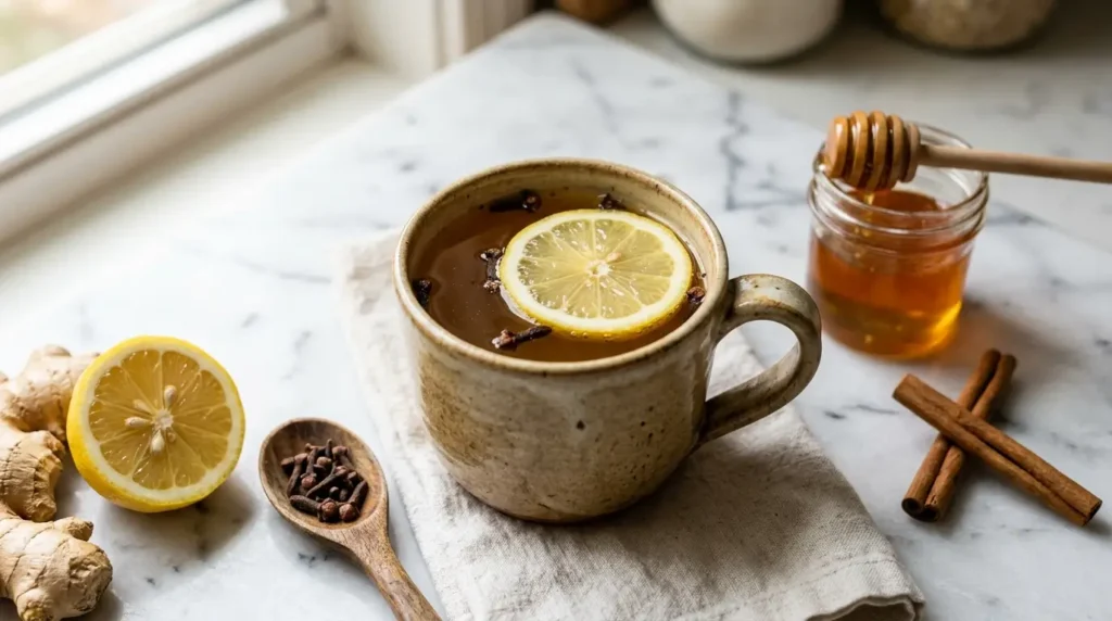 clove tea recipe for weight loss in a rustic ceramic mug with lemon and cloves on white marble