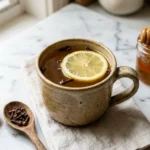 clove tea recipe for weight loss in a rustic ceramic mug with lemon and cloves on white marble