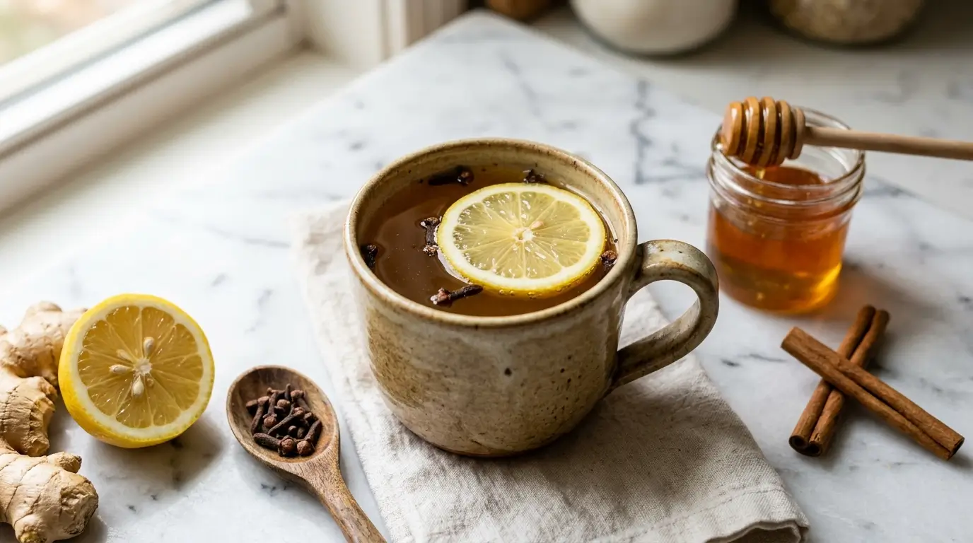 clove tea recipe for weight loss in a rustic ceramic mug with lemon and cloves on white marble
