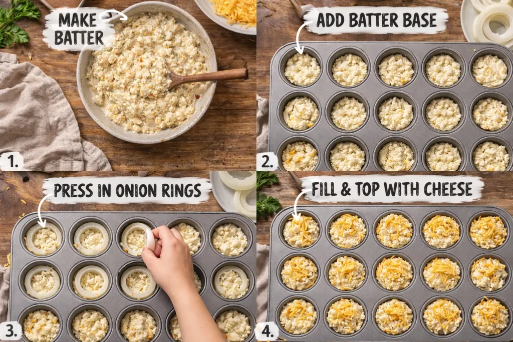 step by step preparation of cottage cheese onion ring muffin cups batter onion rings and muffin tray