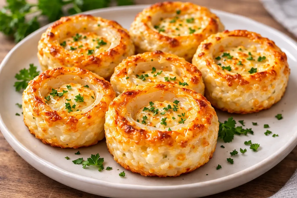 golden baked cottage cheese onion ring muffin cups served on a white plate with creamy dipping sauce and fresh herbs