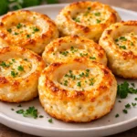 golden baked cottage cheese onion ring muffin cups served on a white plate with creamy dipping sauce and fresh herbs