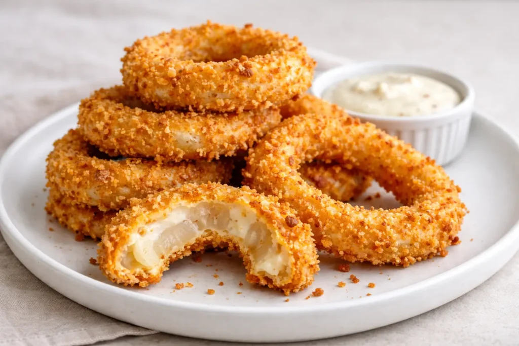 Close up crispy cottage cheese onion rings with crunchy coating and soft onion center