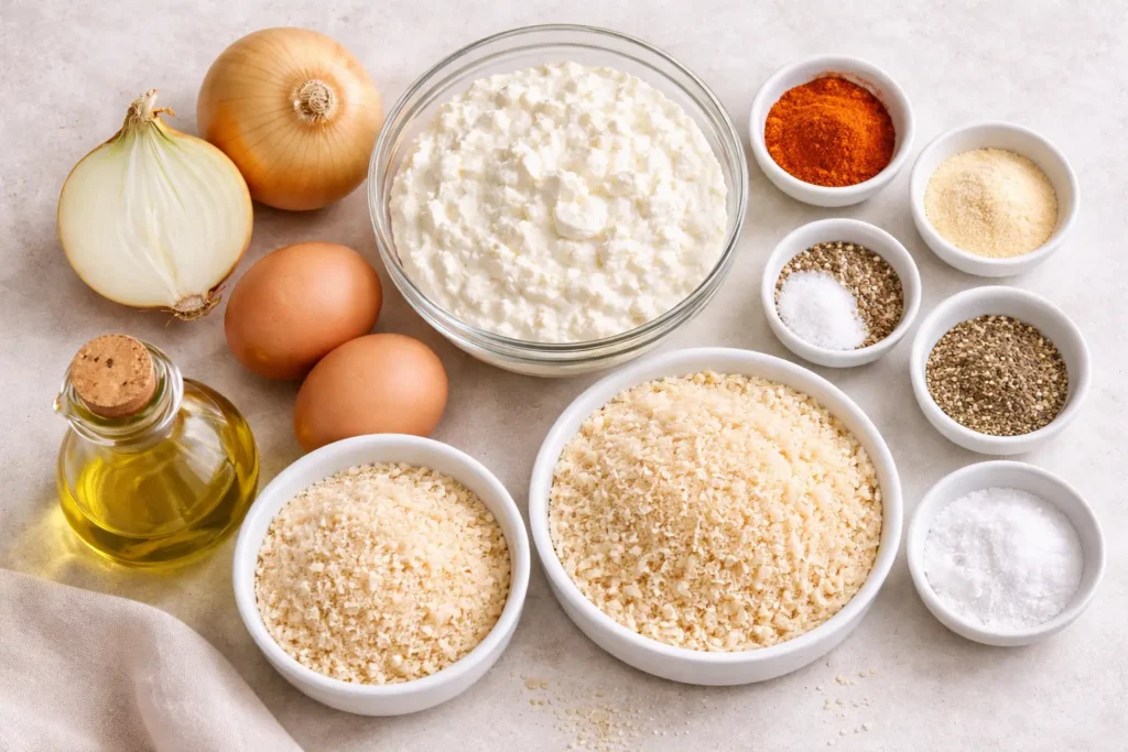 Ingredients for cottage cheese onion rings onions eggs panko parmesan spices olive oil