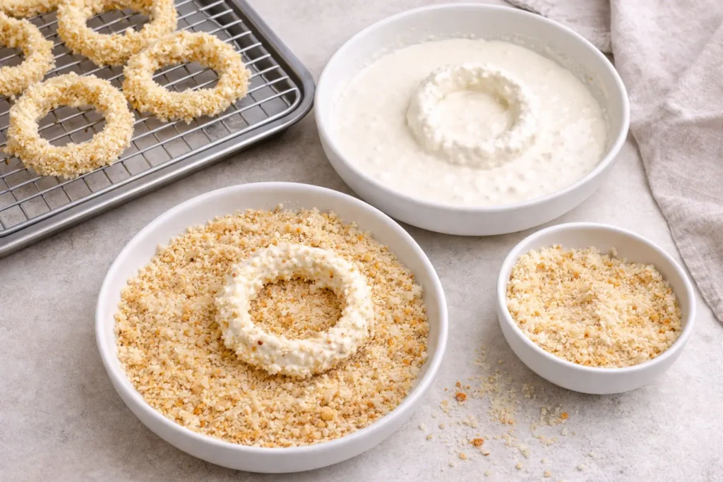 Coating onion rings with cottage cheese mixture and breadcrumbs before baking