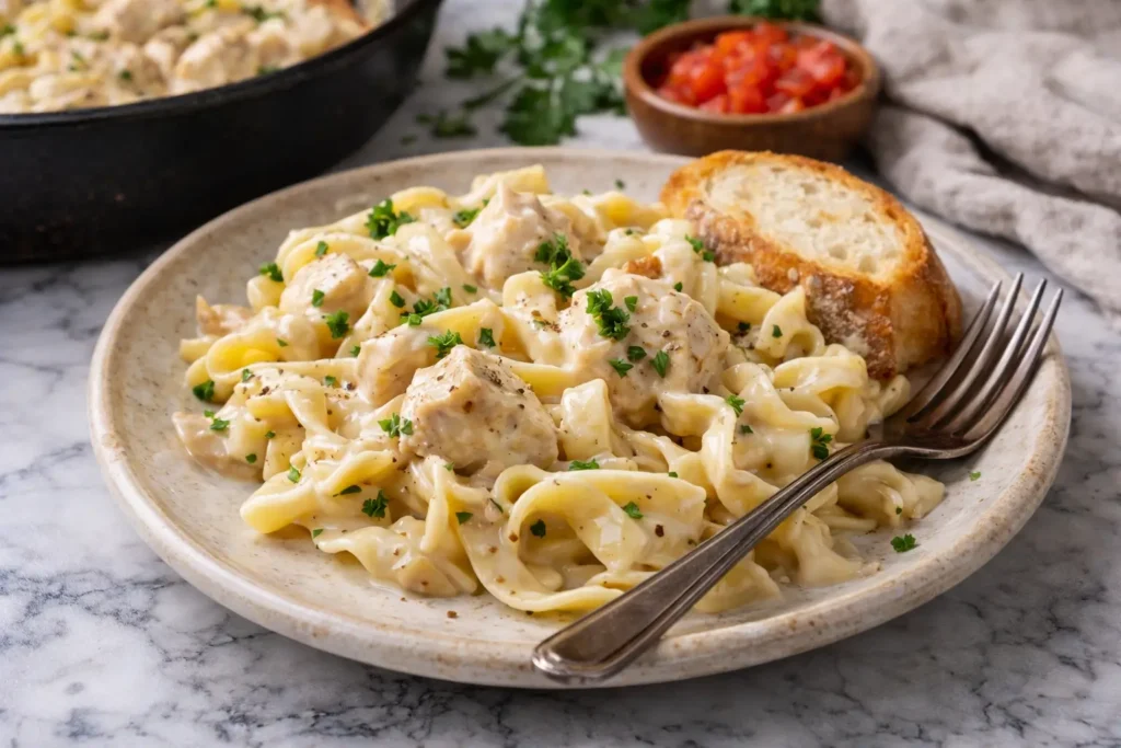 creamy chicken egg noodles on plate rich sauce amish pantry recipe