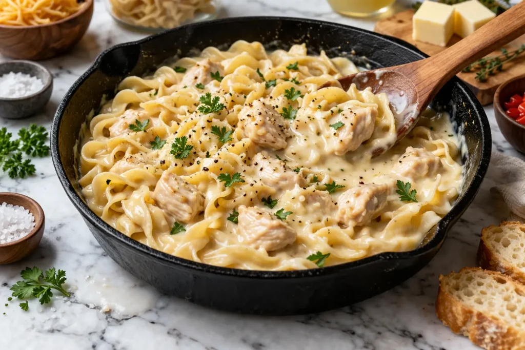 creamy chicken noodles skillet rich sauce comfort food