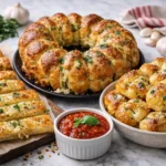 crescent roll garlic bread 3 ways cheesy breadsticks pull apart bread and garlic knots on marble background