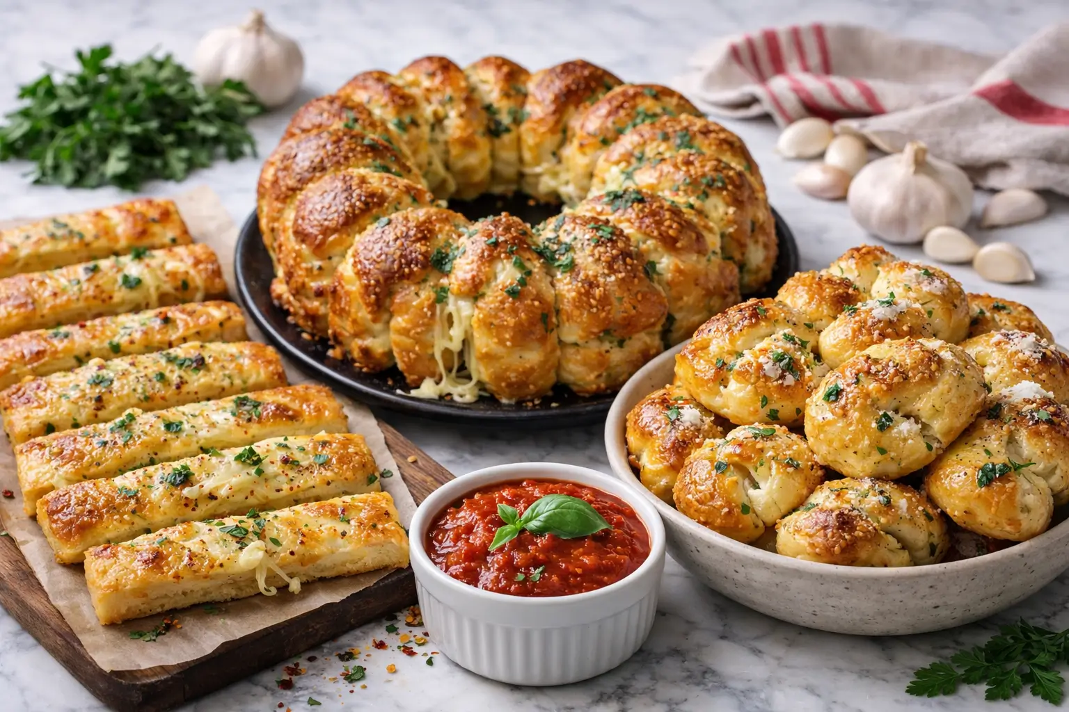 crescent roll garlic bread 3 ways cheesy breadsticks pull apart bread and garlic knots on marble background