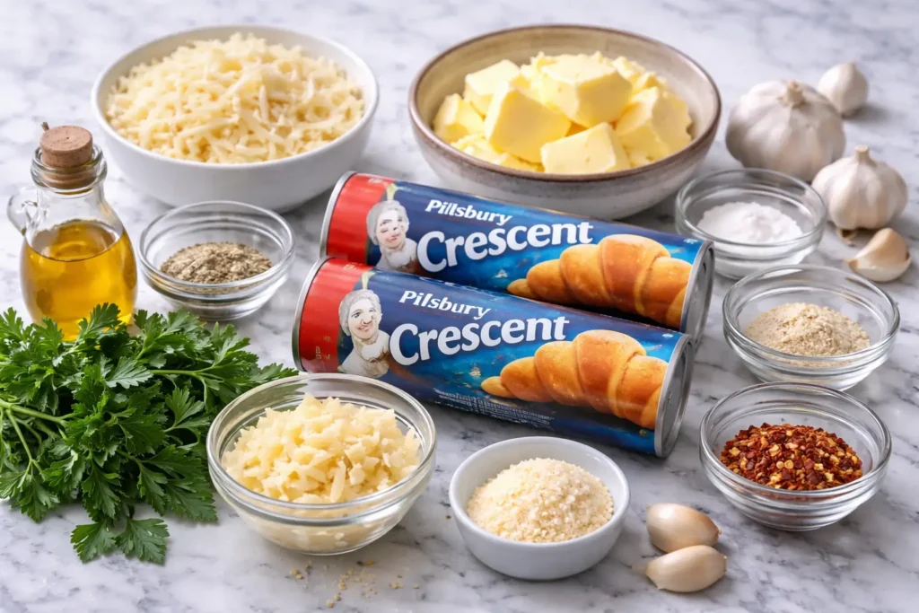 ingredients for crescent roll garlic bread including butter garlic parsley cheese and crescent dough on white marble