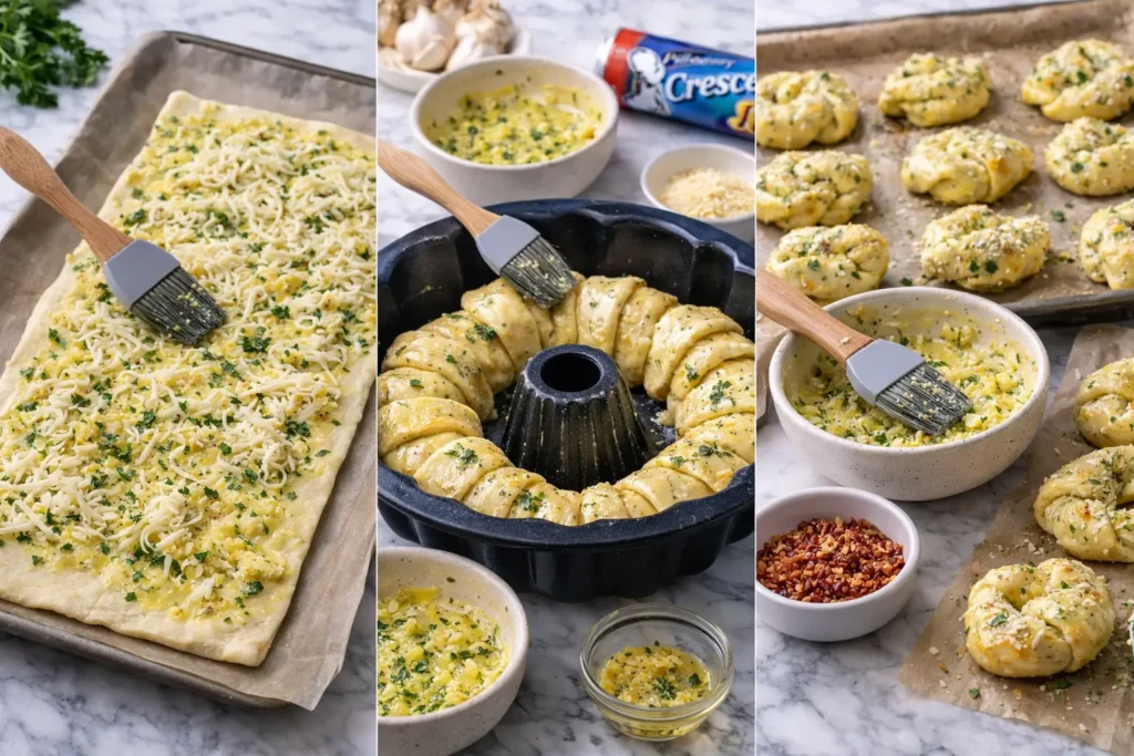 step by step crescent roll garlic bread preparation showing flat sheet bundt pan and garlic knots with garlic butter