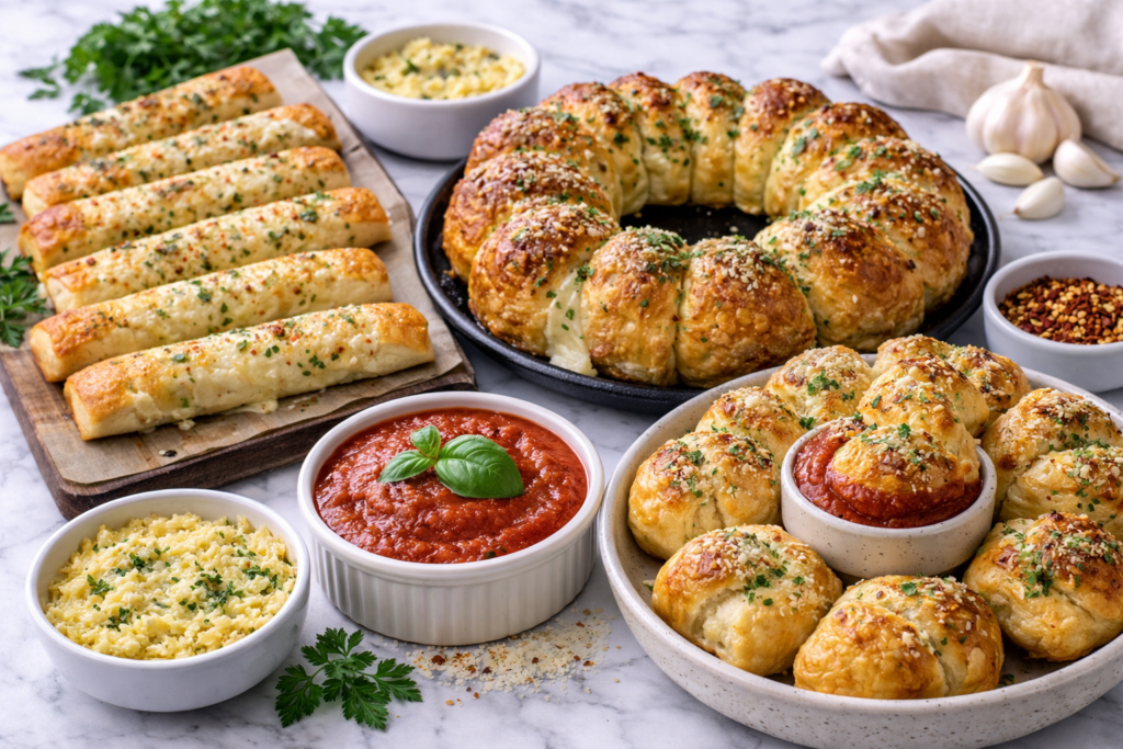 golden crescent roll garlic bread served with marinara sauce garlic butter dip cheesy breadsticks pull apart bread and garlic knots