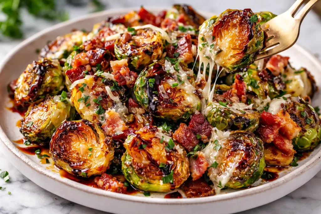 Crispy roasted Brussels sprouts with bacon parmesan and balsamic glaze
