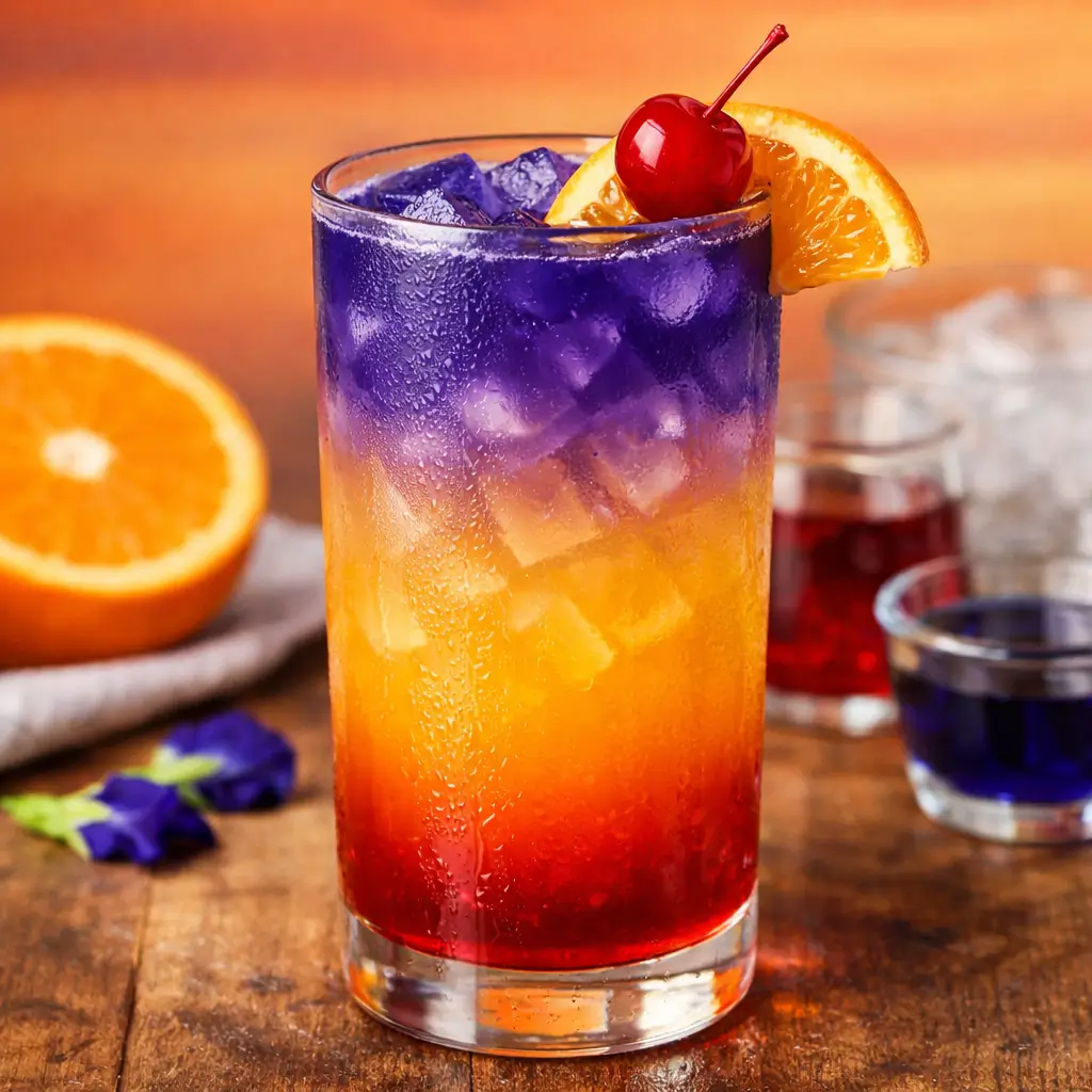 desert sun mocktail layered drink with orange juice grenadine and butterfly pea tea creating sunset colors