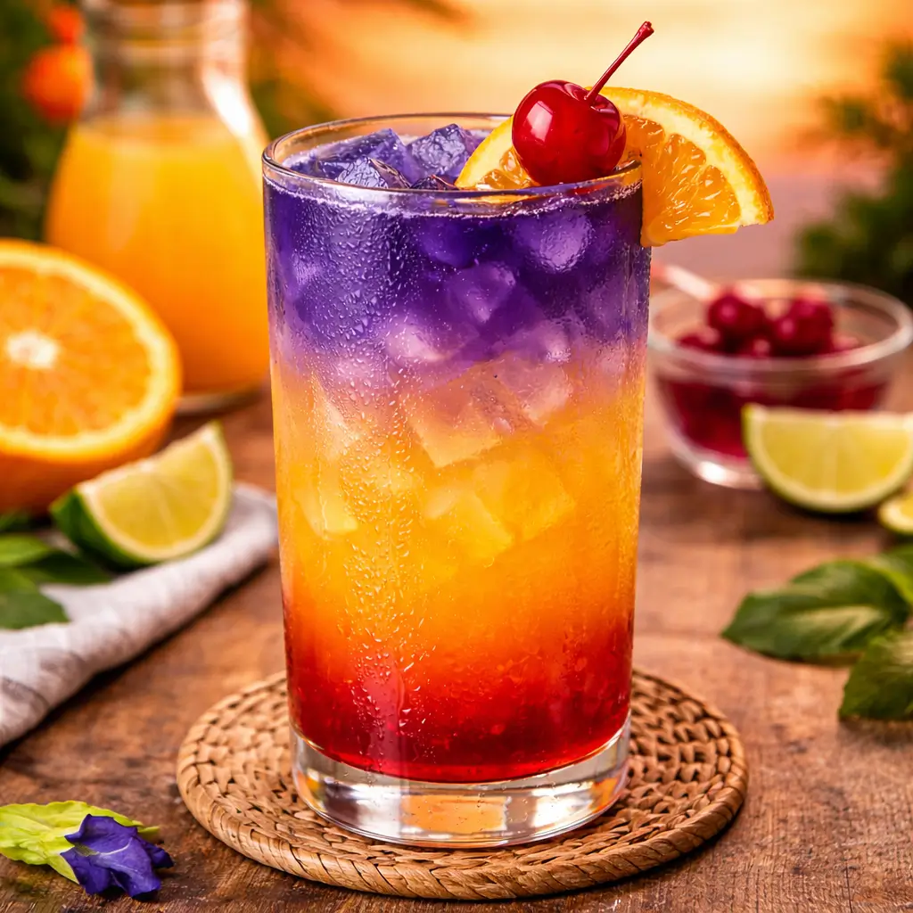 desert sun mocktail served in a highball glass with orange slice and cherry garnish showing sunset layered colors