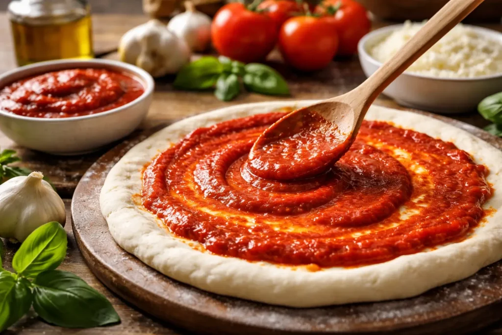 Don Pepino pizza sauce being spread on homemade pizza dough