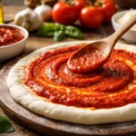 Don Pepino pizza sauce being spread on homemade pizza dough