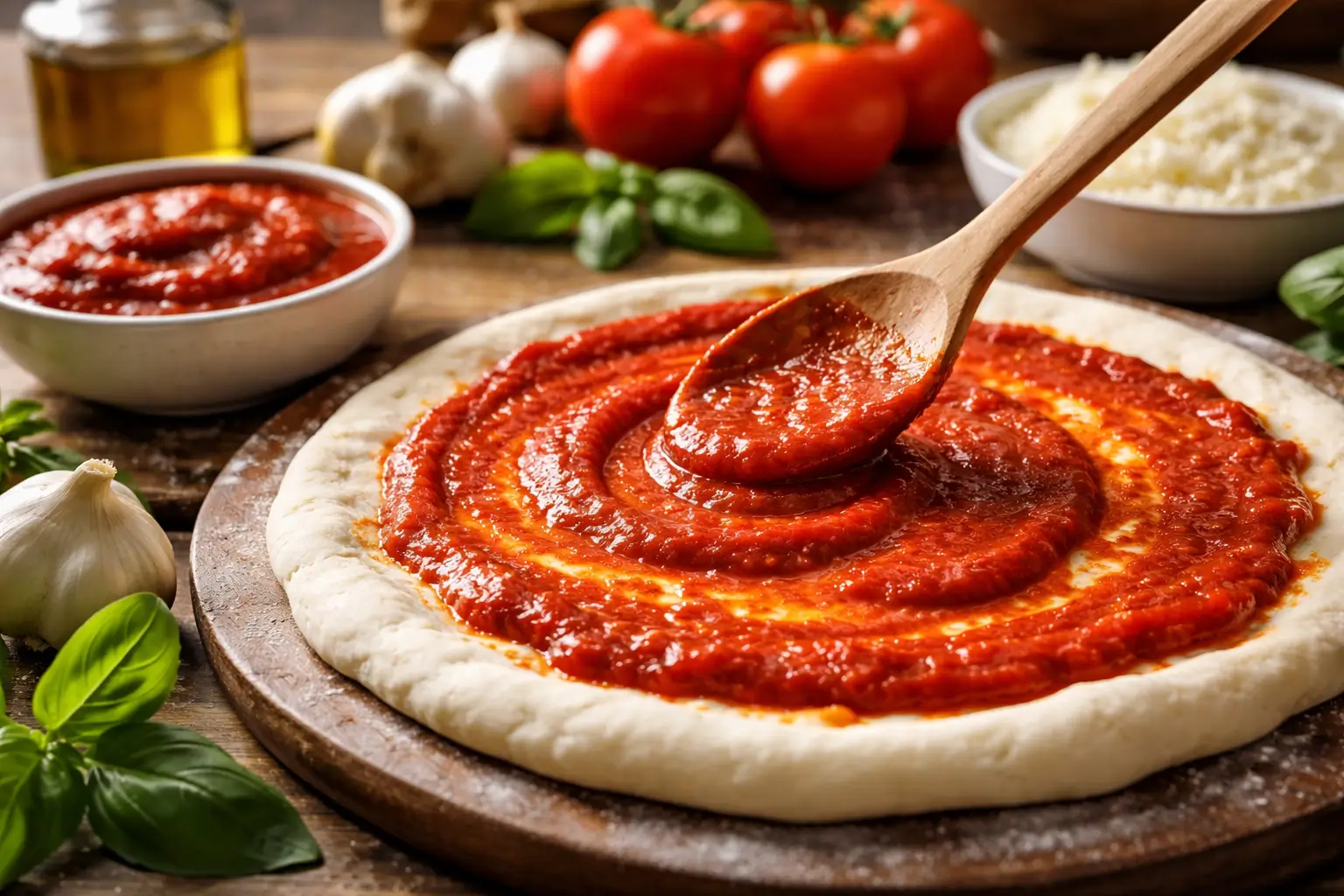 Don Pepino pizza sauce being spread on homemade pizza dough