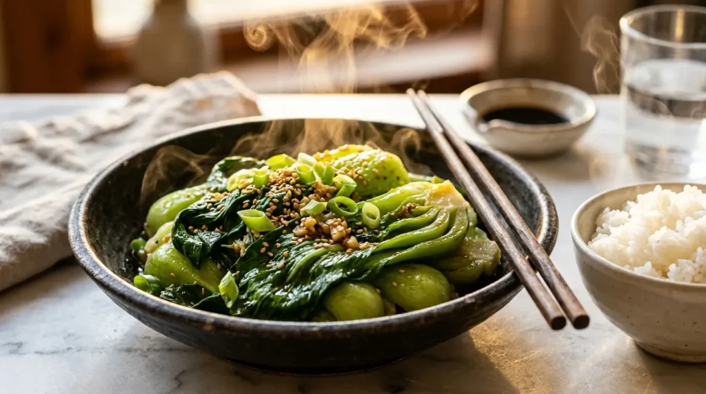 Korean bok choy stir fry served in dark ceramic bowl with sesame seeds green onions and steamed rice